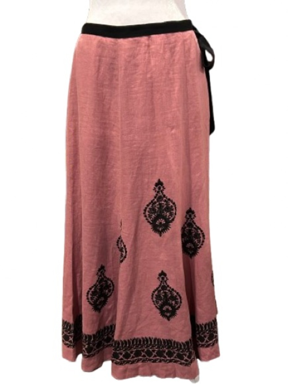 Karen Kane 100% Linen Skirt Size 10 Pink Black Sequin Boho Midi Resort Vacation
